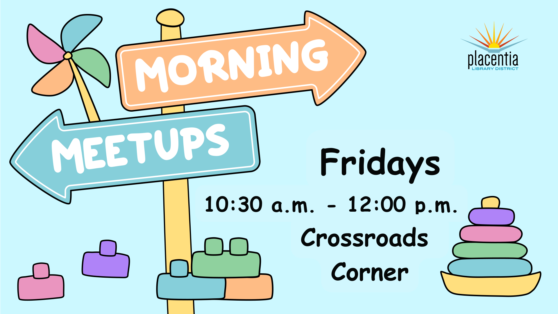 morning meetups graphic with dates stating Fridays 10:30am-12:00pm